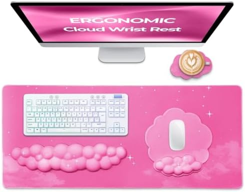 TheTrulyCharter- Cloud Wrist Rest Keyboard, Mouse Pad, Wrist Rest for Computer Keyboard, Cloud Drink Coaster and Simple Mouse Pad. (Pink- hot)