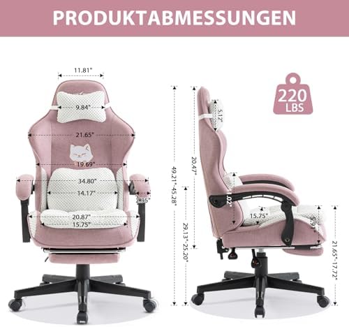 Rose Cute Cat Gaming Chair, Office Desk Chairs with Footrest and Headrest & Armrests for Women, Ergonomic High Back Computer Desk with Headrest & Lumbar