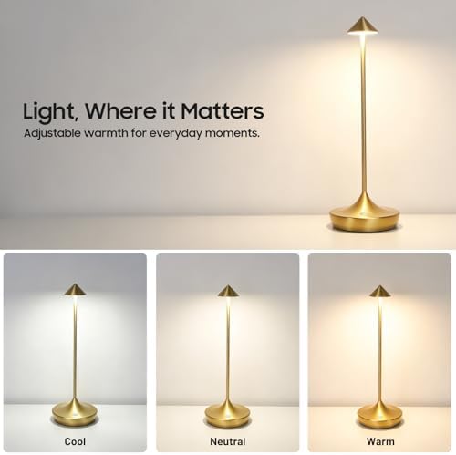 Cordless LED Table Lamp, Rechargeable, 3 Color Dimmable, Gold