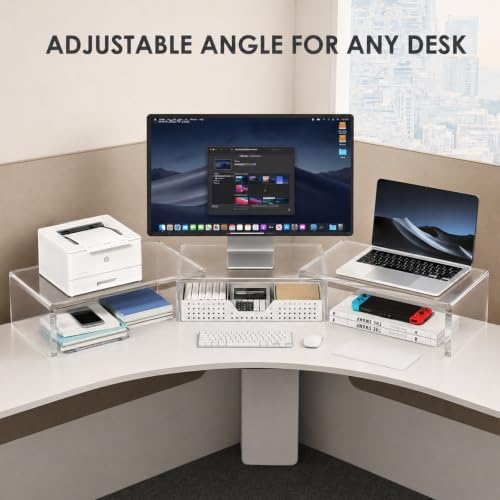 OPNICE Clear Acrylic Desk Organizers and Accessories, Dual Monitor Stand Riser with Drawer and 2 Pen Holders, Desk Shelf Printer Stand for Office Workspace Organizers, Desktop Organization (Transparent)