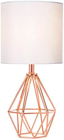 Rose Gold Bedside Table Lamp,Modern Small Desk Lamp with TC Fabric Shade Geometric Metal Base for Kids Living Room Bedroom Nightstand