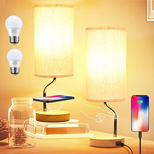 Smart Bedside Table Lamp Set of 2 with Wireless Charger & USB Port - Touch Control LED Desk Lamp for Bedroom, Dimmable Wooden Nightstand Lamp with Fabric Shade for Living Room, Kid's Room,(Cream)