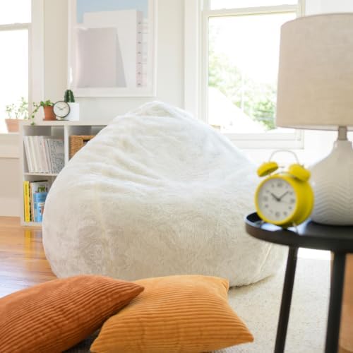 Big Large Teardrop Foam Filled Bean Bag Chair with Removable Cover, Ivory Short Shag, 4 feet Big