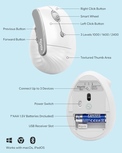 Ergonomic Mouse, Wireless Bluetooth Vertical Mouse with 3-Device Connectivity, 2.4GHz USB-A Receiver, Quiet Clicks, 7 Buttons, Adjustable DPI, Right Hand, for Windows Mac Laptop PC