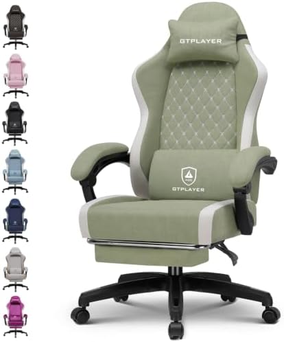 GTPLAYER Gaming Chair Fabric with Pocket Spring Cushion, Big and Tall Gamings Chairs 350LBS High Back Computer Chair with Footrest for Adults Lumbar Support Swivel Game Chair for Office Green