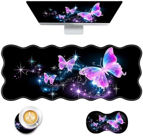 Mouse Pad with Wrist Support + Desk Mat + Coaster 3 in 1 Set, XL Large Gaming Mousepad Ergonomic Mouse Pads for Desk Computer Laptop Office,Glowing Night Pink Butterflies