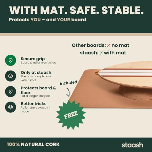 STAASH® Balance Board Full Kit – Premium Birch Wood Trainer with Cork Roller, Balance Disc, Massage Ball & Anti-Slip Mat – Core Strength, Surf, Snowboard & Rehab Training – All-In-One Set