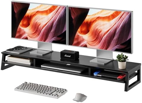 Dual Monitor Stand Riser for Desk, 41.7 Inch Large 2 Tier Computer Monitor Stand for 2 Monitors, Desktop Storage Organizer Shelf with Keyboard Space for Laptop PC Printer, Black