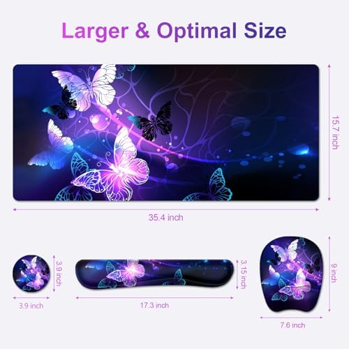 Large Mouse Pad with Wrist Support 4in1 Set, XXL Game Mousepad + Keyboard Wrist Rest+Mouse Wrist Rest+Coaster with Ergonomic Design Gaming Mat for Home Office Table Computer I Purple Butterfly