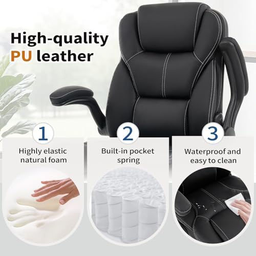 Big and Tall Office Chair 500lbs Wide Seat, Leather Executive Desk Chair with Ergonomic Lumbar Support, PU Padded Flip-up Armrests Computer Chair, High Back Swivel Gaming Chair for Heavy People, Black