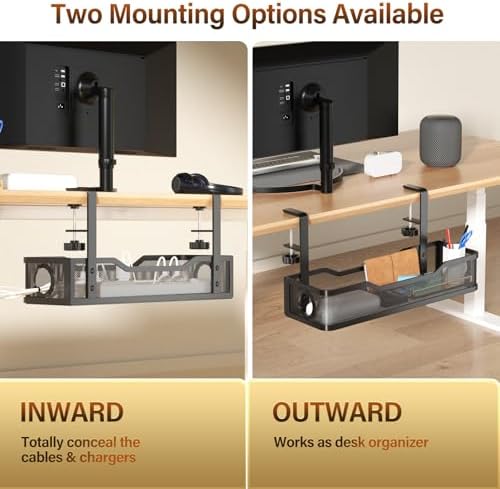 Under Desk Cable Management Large, Cinati 16" Cable Management Box for Table Thickness up to 3", Wire Cord Organizer with Clamp No Drill, No Damage to Desk (Black)