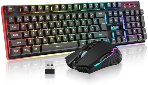 RedThunder K10 Wireless Gaming Keyboard and Mouse Combo, RGB Backlight Rechargeable 3800mAh Battery, 26-Key Anti-ghosting Keyboard + 7D 3200DPI Mice for PC Gamer