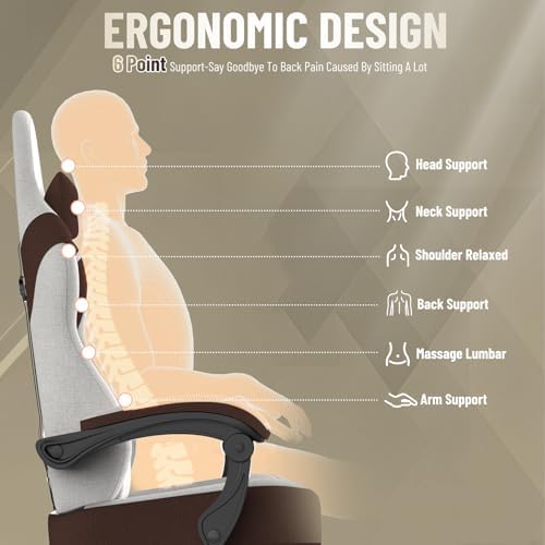 Ferghana Cotton Fabric Gaming Chair - Wider Seat Cushion, Shield-Shaped Embroidery, Ergonomic High Back with Footrest, Computer Gamer Chair for Adults Featuring Massage Lumbar Support, Brown