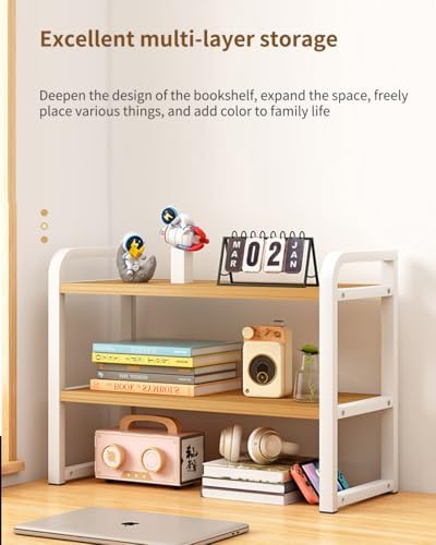 Office Desk Shelf Organizer, Wood Desktop Bookshelf Supplies Storage Rack, Shelf for Top of Desk and Dresser and Cubicle Decor Aesthetic Bookshelf (White Wood-Two Tier)