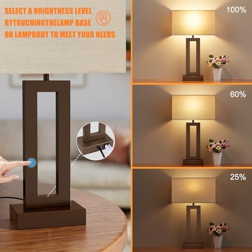 Seealle Bedroom Lamps for Night Stands - Touch Control, 3 Way Dimmable, USB C+A Charging, LED Bulbs, Easy Assembly(Yellow&Brown)