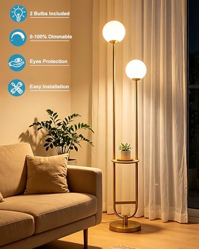 Lightdot 2 Globe Gold Floor Lamp with Table Mid Century Standing Lamps with 3000K LED Bulbs Unique U-Pole Vintage Tall Floor Lamp with 5Lbs Heavy Base for Living Room/Bedroom/Wedding/Party/Home Decor