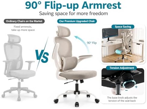 Ergonomic Office Chair with Adjustable Headrest & Lumbar Support, High Back Mesh Desk Chair, 330 LBS Capacity Swivel Computer Chair with Flip-Up Arms, Home Office Gaming Chair(Grey)