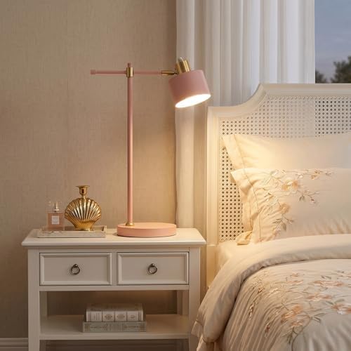 OYEARS 22.2" Modern Desk Lamp, Metal Table Lamp with LED Bulb, Adjustable Reading Lamps for Living Room, Mid Century Task Lamp for Home Office, Industrial Bedside Lamps with Solid Base, Pink