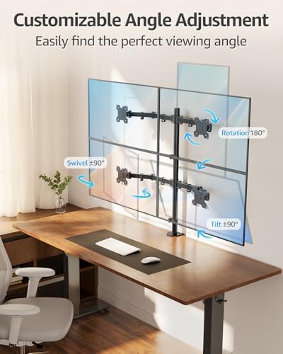MOUNTUP Quad Monitor Stand, 4 Monitors Desk Mount for 17 to 32 inch Computer Screens, Fully Adjustable Stacked Mount with Tilt Swivel, 4 Heavy Duty Monitor Mount, Holds up to 17.6lbs per Arm