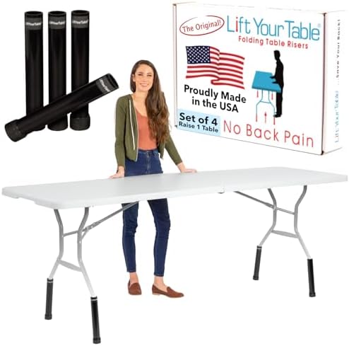 Lift Your Table® Folding Table Risers - Counter Height (Movable Foot) - Made in The USA, Heavy Duty, Sturdy, Portable, Easy-to-Use Extensions Raise Bent Leg Folding Tables (Set of 4)