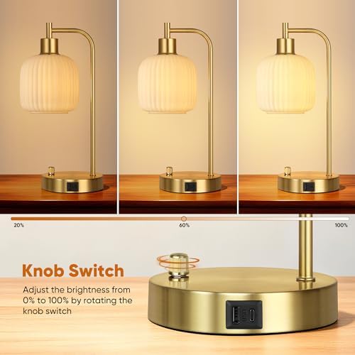 Cream Glass Table Lamps Set of 2, Dimmable Bedside Lamps for Living Room