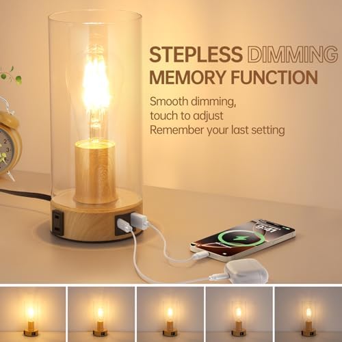 Touch Control Bedside Lamp with Charging Station，Wood Metal Small Lamp