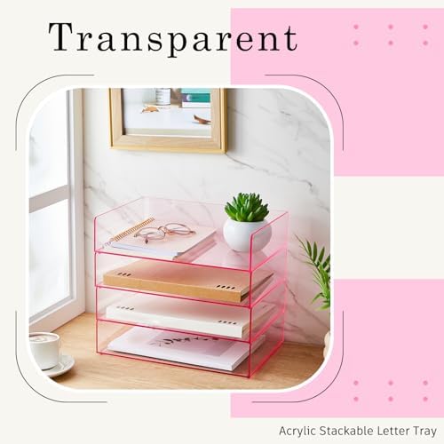 Harloon 4 Tier Paper Organizer Letter Tray Pink Acrylic Desk File Organizer Heavy Duty Stackable Documents Clear Letter Paper Holder Office Tray for A4, Office Classroom Home File Pad Notebooks