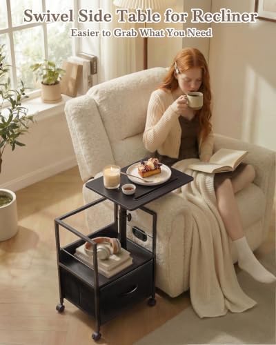 Faesun Night Stand with Charging Station & Swivel Top, Black