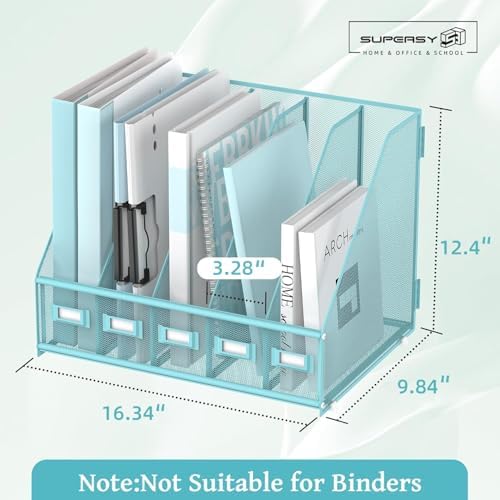SUPEASY Desk Organizers Metal Desk Magazine File Holder with 5 Vertical Compartments Rack File Organizer for Office Desktop, Classroom, Home Workspace, Blue