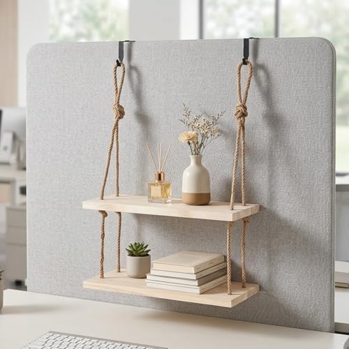 2Pcs Cubicle Shelf for Walls, Office Cubicle Accessories for Work, 11.8" 2 Tier Wooden Hanging Wall Shelf with Hooks & Cotton Rope Boho Style Decor Desk Wall Organizer Storage for Office Home