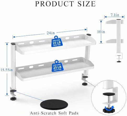 Clamp on Desk Shelf White, 24in 2-Tier Office Desk Shelves Organizer, Shelf for Top of Desk with Headphone Holder and Hooks, Desktop Storage Rack for Home Workspace, Study Rooms, Gaming Accessories