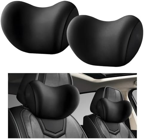 2 PCS Car Headrest Cushion, Ergonomic Memory Foam Car Neck Back Support w/Removable Cover, Universal Breathable Lumbar Cushion Headrest Pillow with Adjusatble Strap (Black)
