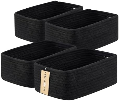MiniArk Small Storage Baskets for Organizing | Closet Organizer Bins | Shelf Toy Basket | Woven Rope Baskets | Cube Decorative Box | Shallow Basket | 13x8.5x5.1” | 4 Packs Black