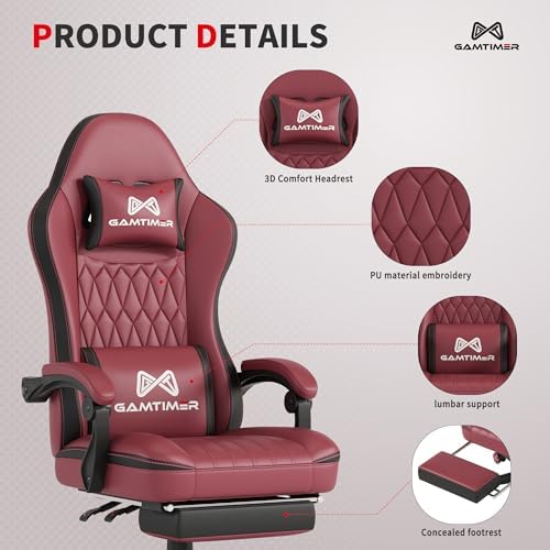 Gaming Chair with Footrest, Ergonomic Computer Chair, PU Breathable Material with Headrest and Lumbar Support, Suitable for Silla Gamer and Adults (RED)