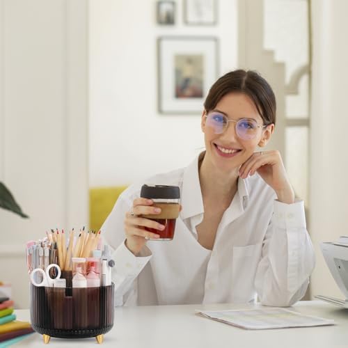 SKYDUE Rotating Pencil Pen Holder, Pen Organizer with 5 Slots - Aesthetic Desk Organizer and Accessories for School, Home, Office Supplies, Clear Black