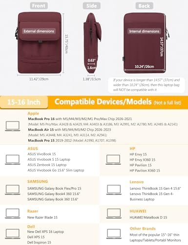 HYZUO 15-16 Inch Puffy Laptop Case Sleeve Padded Handbag, Wine Red