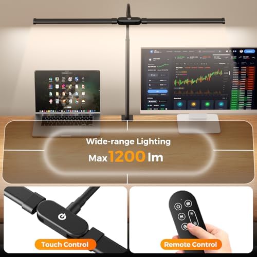 SKYLEO LED Desk Lamp with Clamp - Double Head Desk Light with Remote and Touch - Eye Protection - 12 W, 5 Color Modes, Timer and Memory Function, Flexible Gooseneck - for Office, Reading - Black