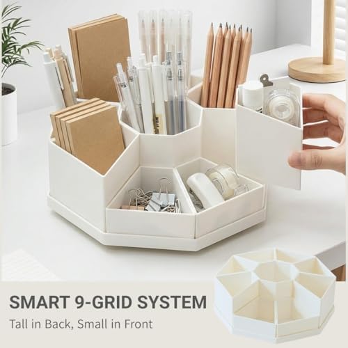MODENZ 360° Rotating Pencil Holder, Sturdy Non-slip, 9-Grid Smart Compartments, Pen and Art Supply Holder for Office, Home, and Classroom, Makeup Brush Organizer (White)