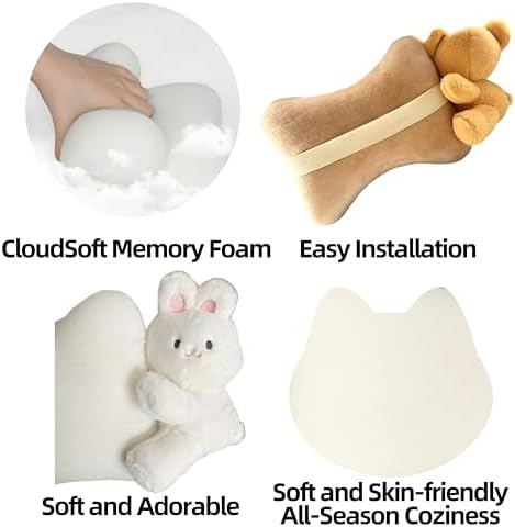 Car Headrest Pillow 2PCS Plush Bear ＆ Bunny Car Seat Headrest Pillow - Memory Foam Neck Support Cushions for Comfortable Driving, Easy Install & Washable (White Rabbit)