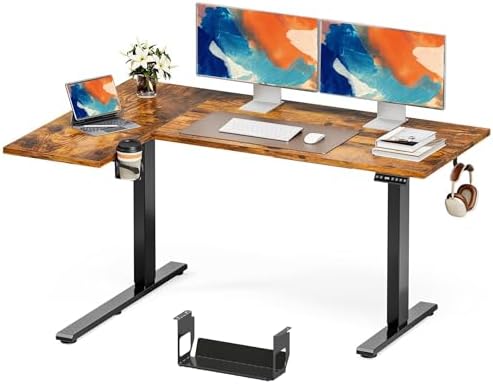 Muvai 59" L Shaped Standing Desk with Cable Tray, Reversible, Rustic Brown