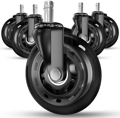 RIVEDA Office Chair Caster Wheels Set of 5 - Smooth 3 inch Heavy-Duty Replacement Rubber Wheels for Gaming & Desk Chair - Easy to Install, Suitable for Hardwood Floors, Carpet, Tiles (Black)