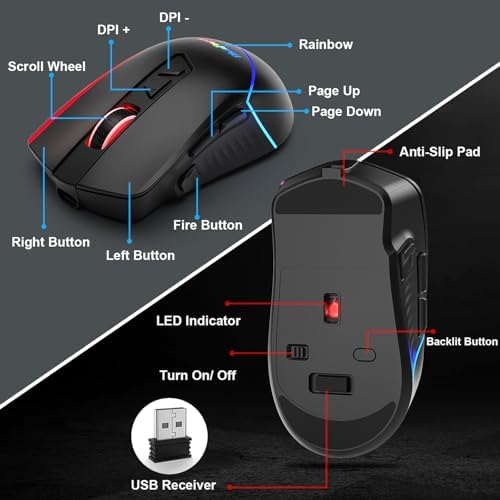 BlueFinger Wireless Keyboard and Mouse Combo, Long Lasting Rechargeable Battery 87 Keys RGB Rainbow Backlit Gaming Keyboard & Ergonomic Light Up Gaming Mouse for Mac Laptop Computer PC Gamer