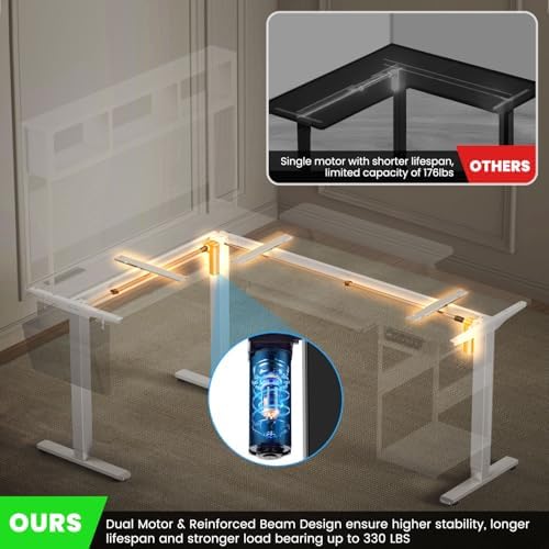 Flycity Electric L Shaped Standing Desk Adjustable Height, 67" x 47" Corner Computer Desk with Host Shelf, Gaming Desk with LED Lights & Power Outlet, Dual Motor Home Office Desk with Storage, White