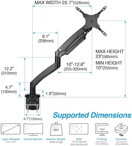 AVLT Single 17"-49" Super Ultrawide Monitor Arm Desk Mount Black