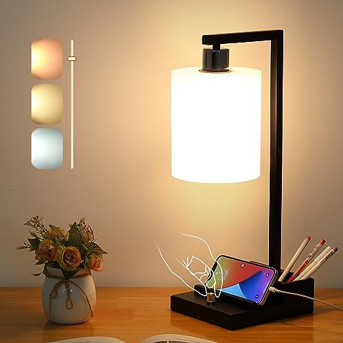 Bedroom Lamps for Nightstand, 3 Color Temperature Nightstand Lamp Bedside Lamps with Dual USB Ports and Outlet, Modern Table Lamp Built-in Pen Holder & Phone Stands, Energy Saving LED Bulb Included