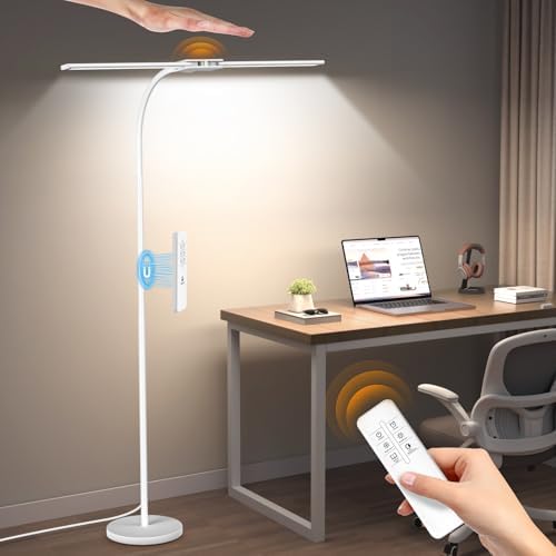 Syrinx LED Floor Lamp, 18W 2000LM Bright Reading Floor Lamp, Dual Head Gooseneck Standing Lamp, Smart Motion Sensor, Remote Control, Dimmable Brightness & Color Temp, for Living Room Bedroom Office