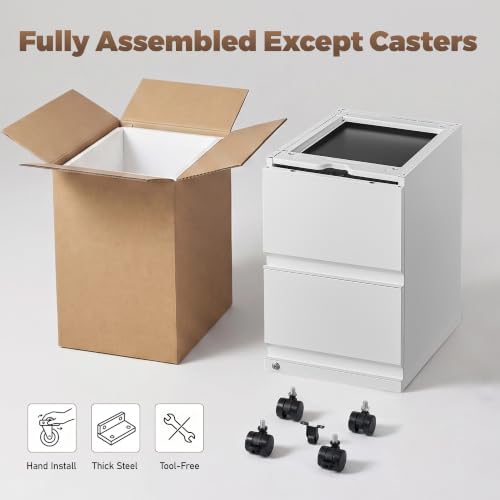 Guizeeopo Fully Assembled 2 Drawer File Cabinet, Locking Filing Cabinet with Anti-Tipping Wheels, Quiet Slide, Heavy-Duty Steel Construction, Fits A4 Letter Legal for Home Office, Matte White