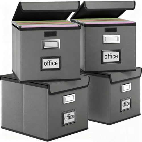 Foldable File Organizer Box with Lids (4 Pack, Dark Gray, Leather)
