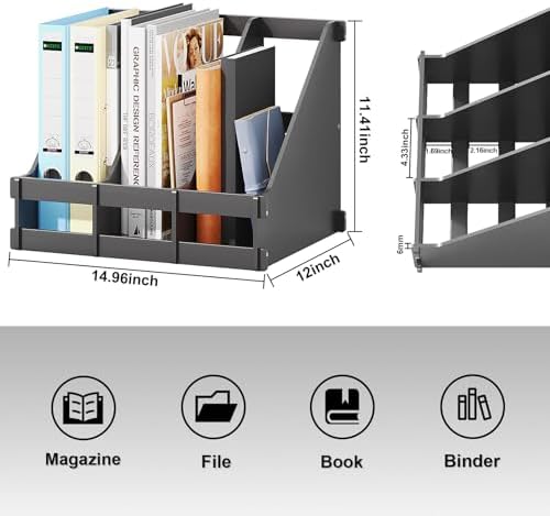 Bamboo Desk File Organizer, 3 Compartment Magazine Holder for Home Office(Black)