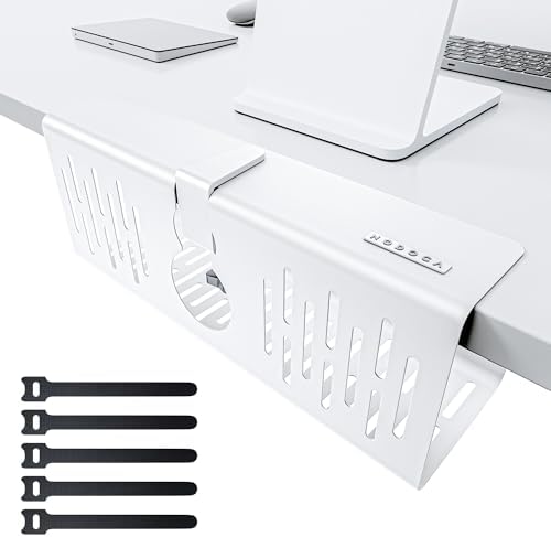 NODOCA No Drill Under Desk Cable Management Tray, 14'' Wire Management, Punch-Free Clamp on, Metal Cable Tray, Wire Organizer, Under Desk Basket for Office and Home, White